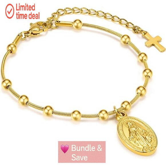 14k Gold Plated Virgin Mary Rosary Bracelet, Adjustable Stainless Steel - Picture 1 of 8